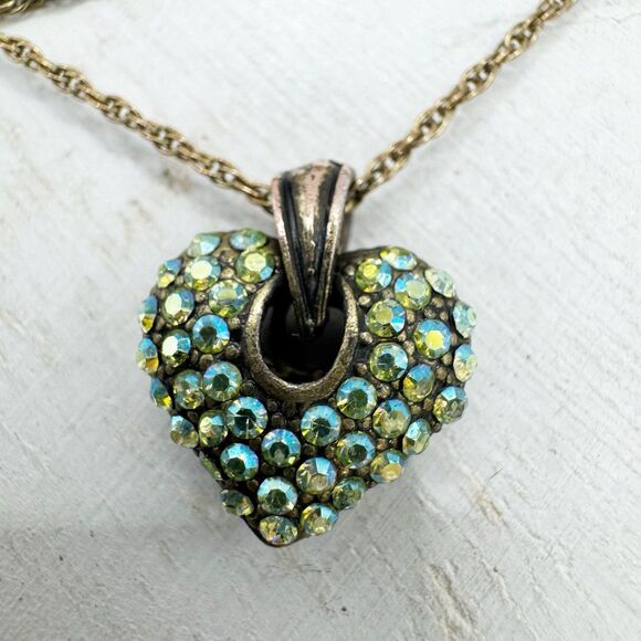 Vintage Gold Filled Pave Aurora Borealis Rhinestone Puffy Heart Pendant Necklace - Picture 4 of 12